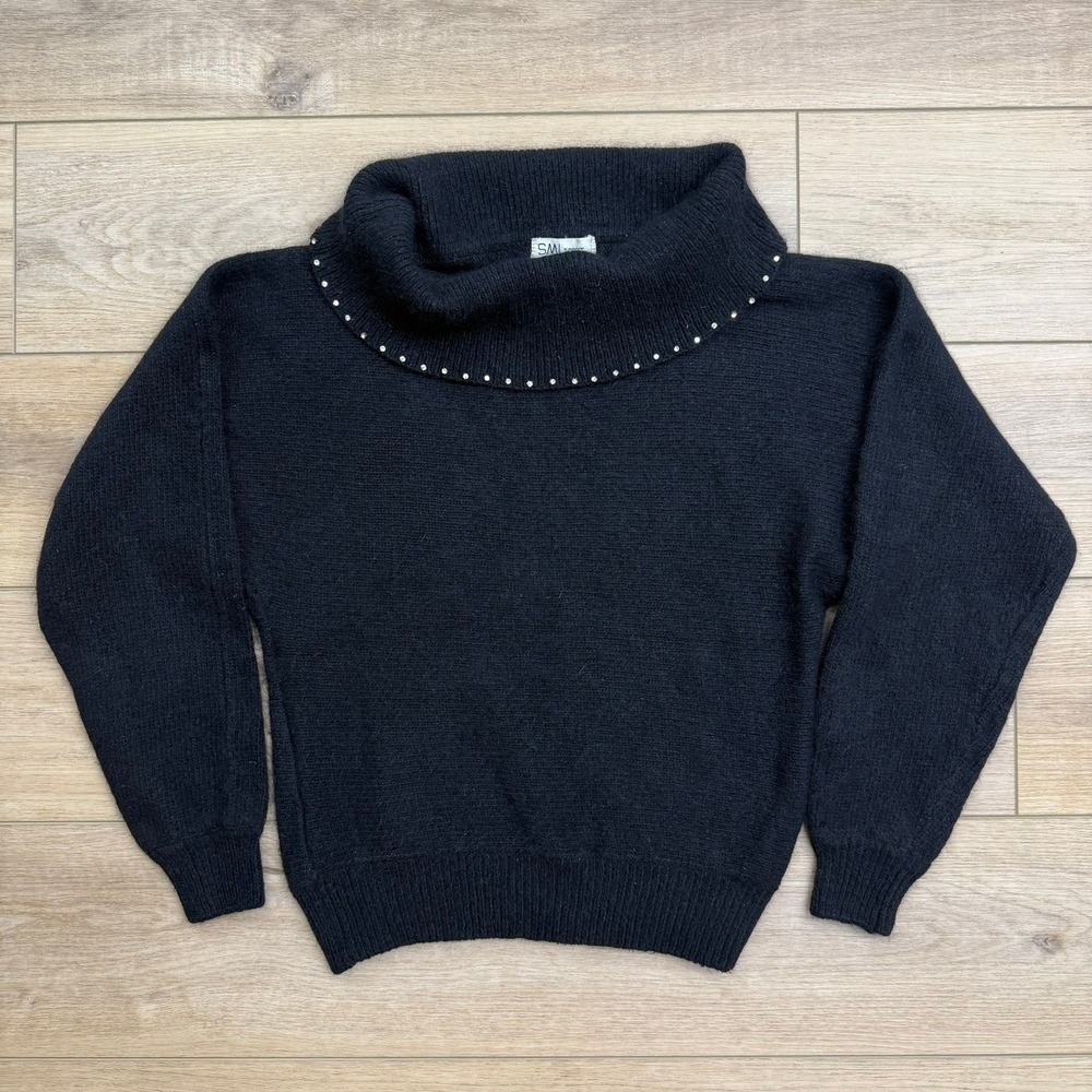 SML Sport Angora Blend Rhinestone Cowl‎ Neck Black Sweater Soft Knit Size L